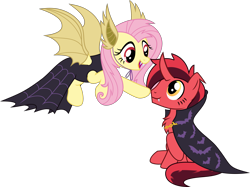 Size: 3799x2845 | Tagged: safe, artist:bnau, derpibooru exclusive, fluttershy, oc, oc:pure red, pegasus, pony, g4, boop, canon x oc, cape, chest fluff, clothes, costume, dress, female, flutterbat costume, flying, high res, looking at each other, male, mare, open mouth, shipping, show accurate, simple background, sitting, smiling, stallion, transparent background, vampire costume, vector
