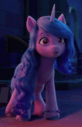 Size: 360x560 | Tagged: safe, screencap, izzy moonbow, sunny starscout, earth pony, pony, unicorn, g5, my little pony: a new generation, spoiler:my little pony: a new generation, animated, cropped, cute, female, floppy ears, gif, happy, i watch it for the ears, izzybetes, mare, night, one ear down, smiling, solo focus