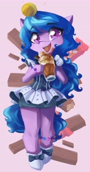 Size: 2144x4096 | Tagged: safe, artist:saxopi, izzy moonbow, pony, unicorn, semi-anthro, g5, my little pony: a new generation, arm hooves, ball, clothes, food, horn, hornball, izzy's tennis ball, kit kat, milkshake, open mouth, skirt, tennis ball