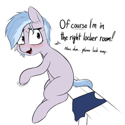 Size: 2341x2355 | Tagged: safe, artist:pinkberry, oc, oc only, oc:winter azure, earth pony, pony, alternate hairstyle, blushing, braces, clothes, colored sketch, colt, crossdressing, cute, dialogue, earth pony oc, embarrassed, eyelashes, freckles, girly, hair over one eye, high res, imminent crossdressing, locker room, male, ocbetes, one-piece swimsuit, sitting, sketch, solo, speech, sweat, sweatdrops, swimsuit, talking, trap