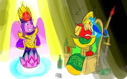 Size: 1280x800 | Tagged: safe, artist:horsesplease, gallus, pipp petals, sprout cloverleaf, g4, g5, armor, bottle, clothes, crowing, crown, drunk, emperor, emperor sprout, fantasy, gallus the rooster, goddess, helmet, immortal, jewelry, khopesh, mythology, pipp is immortal, rabydosverse, regalia, robes, sad sprout, sarmelonid, scribe, sleeping, spear, spider web, spinel, sword, this will end in death, this will end in hell, throne, tomb, vozonid, waterlily, weapon, роисся вперде