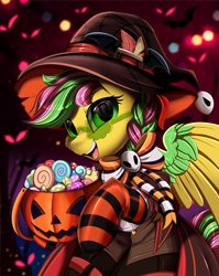 Size: 2550x3209 | Tagged: safe, artist:pridark, part of a set, oc, oc only, oc:biolachan breeze, pegasus, pony, bucket, candy, clothes, commission, costume, female, food, green eyes, halloween, hat, high res, holiday, horn, jack-o-lantern, mare, open mouth, part of a series, pegasus oc, pumpkin, pumpkin bucket, red eyes, socks, solo, striped socks, witch hat, ych result