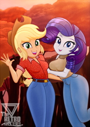 Size: 1207x1710 | Tagged: safe, artist:theretroart88, applejack, rarity, human, equestria girls, equestria girls series, five to nine, g4, autumn, best friends, breasts, busty applejack, busty rarity, clothes, cute, duo, female, jackabetes, jeans, looking at you, open mouth, open smile, pants, raribetes, smiling, tree, waving