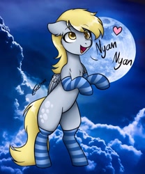 Size: 936x1125 | Tagged: safe, artist:toastpone, derpy hooves, pegasus, pony, g4, bipedal, clothes, cloud, female, floppy ears, moon, nyan nyan dance, open mouth, open smile, smiling, socks, solo, striped socks