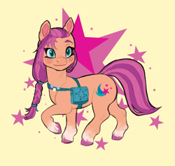 Size: 2491x2364 | Tagged: safe, artist:siukslle, sunny starscout, earth pony, pony, g5, backwards cutie mark, badge, bag, braid, coat markings, colored eyebrows, colored hooves, colored pupils, eyebrows, female, high res, looking at you, mare, pin, raised hoof, satchel, simple background, smiling, socks (coat markings), solo, stars, unshorn fetlocks, yellow background
