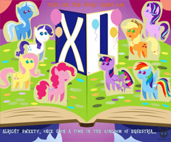 Size: 1870x1551 | Tagged: safe, artist:wheatley r.h., derpibooru exclusive, applejack, argyle starshine, fluttershy, pinkie pie, rainbow dash, rarity, spike, starlight glimmer, sunny starscout, trixie, twilight sparkle, alicorn, dragon, earth pony, pegasus, pony, unicorn, g4, g5, my little pony: a new generation, book, happy birthday mlp:fim, mane seven, mane six, mlp fim's eleventh anniversary, pointy ponies, story, twilight sparkle (alicorn), vector, watermark, winged spike, wings