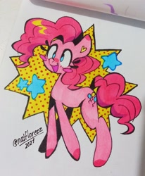 Size: 2437x2952 | Tagged: safe, artist:natflorezz, pinkie pie, earth pony, pony, g4, blush sticker, blushing, colored hooves, cute, diapinkes, female, heart, high res, mare, marker drawing, open mouth, solo, stars, traditional art
