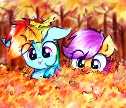 Size: 2328x1994 | Tagged: safe, artist:liaaqila, rainbow dash, scootaloo, pegasus, pony, g4, :p, autumn, cute, cutealoo, dashabetes, duo, eye clipping through hair, female, filly, floppy ears, foal, high res, leaves, liaaqila is trying to murder us with dashabetes, looking at you, mare, tongue out, traditional art