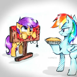 Size: 894x894 | Tagged: safe, artist:liaaqila, rainbow dash, scootaloo, pegasus, pony, spider, g4, :p, bipedal, cute, cutealoo, derp face, duo, duo female, eye clipping through hair, female, filly, food, mare, not blood, pie, silly, silly face, silly pony, smiling, stocks, tongue out, traditional art