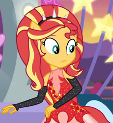 Size: 1457x1582 | Tagged: safe, screencap, sci-twi, sunset shimmer, twilight sparkle, equestria girls, equestria girls specials, g4, my little pony equestria girls: better together, my little pony equestria girls: rollercoaster of friendship, :|, alternate hairstyle, clothes, cropped, evening gloves, fingerless elbow gloves, fingerless gloves, gloves, long gloves, looking over shoulder, offscreen character, offscreen human, ponied up, sleeveless, solo, spiked headband, super ponied up, transparent skirt, wingtip