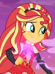 Size: 1123x1499 | Tagged: safe, screencap, sunset shimmer, equestria girls, equestria girls specials, g4, my little pony equestria girls: better together, my little pony equestria girls: rollercoaster of friendship, cropped, ponied up, smiling, solo focus, super ponied up