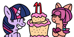 Size: 1600x800 | Tagged: safe, artist:icicle-niceicle-1517, artist:jadeharmony, color edit, edit, sunny starscout, twilight sparkle, alicorn, earth pony, pony, g5, my little pony: a new generation, birthday cake, cake, collaboration, colored, duo, eyes closed, female, food, grin, happy birthday mlp:fim, mare, mlp fim's eleventh anniversary, simple background, smiling, sunny and her heroine, transparent background, twilight sparkle (alicorn), unshorn fetlocks