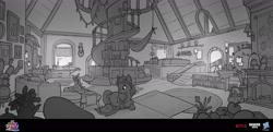 Size: 1920x928 | Tagged: safe, artist:debbie yeo, sunny starscout, earth pony, pony, g5, my little pony: a new generation, spoiler:my little pony: a new generation, concept art, female, globe, grayscale, hammock, living room, mare, monochrome, spiral stairs, sunny's house, telescope