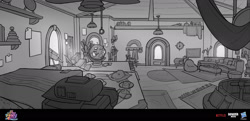 Size: 1920x928 | Tagged: safe, artist:debbie yeo, g5, my little pony: a new generation, concept art, globe, grayscale, living room, monochrome, no pony, sunny's house, telescope