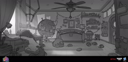Size: 1920x928 | Tagged: safe, artist:debbie yeo, sunny starscout, earth pony, pony, g5, my little pony: a new generation, bed, bedroom, concept art, desk, female, globe, grayscale, mare, monochrome, pet, sunny's house, telescope