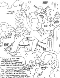 Size: 774x1008 | Tagged: safe, artist:jamestkelley, pinkie pie, princess celestia, alicorn, earth pony, pegasus, pony, unicorn, comic:princess pinkie's conquest of chaos, g4, spoiler:comic57, alicornified, attack, cake, canterlot, canterlot mountain, chaos, comic, crown, everfree forest, food, giant pony, macro, magic, part of a series, party, pinkiecorn, ponyville, princess of chaos, race swap, rampage, reality warp, regalia, rock candy, sketch, traditional art, xk-class end-of-the-world scenario