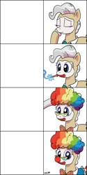 Size: 1606x3206 | Tagged: safe, artist:pony-berserker, edit, mayor mare, rarity, pony, g4, blue eyes, bowtie, clown, clown makeup, clown makeup meme, clown nose, disembodied hoof, duo, female, looking at you, mare, meme, meme template, offscreen character, ponified meme, red nose, template