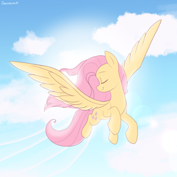 Size: 2200x2200 | Tagged: safe, artist:cottonaime, fluttershy, pegasus, pony, g4, bright, cloud, cute, daaaaaaaaaaaw, eyes closed, female, flying, happy, high res, mare, shyabetes, sky, smiling, solo, spread wings, turned head, wings