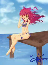 Size: 1700x2338 | Tagged: safe, artist:inkintime, apple bloom, human, g4, barefoot, belly button, bikini, clothes, feet, humanized, pier, solo, swimsuit, water