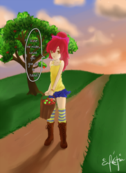 Size: 1000x1375 | Tagged: safe, artist:inkintime, apple bloom, human, g4, apple, apple tree, clothes, humanized, path, socks, solo, thigh highs, tree