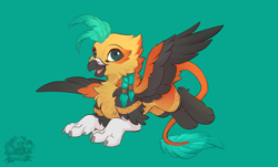 Size: 2826x1702 | Tagged: safe, artist:kez, artist:rileyisherehide, oc, oc only, oc:atlamanticaricusika'n, griffon, collaboration, flying, green background, griffon oc, male, open mouth, simple background, smiling, solo