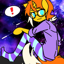 Size: 600x600 | Tagged: safe, artist:tfaaap, oc, oc only, oc:enigma shift, unicorn, anthro, clothes, shooting star, socks, solo, stocking feet, stockings, striped socks, thigh highs