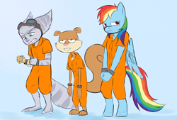 Size: 4000x2700 | Tagged: source needed, useless source url, safe, artist:carouselboi, rainbow dash, lombax, anthro, plantigrade anthro, unguligrade anthro, g4, clothes, commission, cuffs, prison outfit, prisoner, prisoner rd, ratchet and clank, restrained, rivet (r&c), sandy cheeks, spongebob squarepants, trio