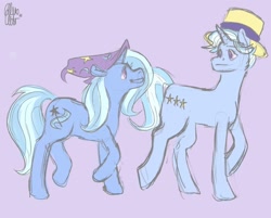 Size: 1280x1029 | Tagged: safe, artist:wizardstrawberries, jack pot, trixie, pony, unicorn, g4, clothes, duo, father and child, father and daughter, female, hat, looking at each other, male, mare, purple background, raised hoof, raised leg, simple background, stallion, tail, trixie's hat