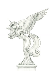 Size: 1000x1388 | Tagged: safe, artist:baron engel, princess cadance, alicorn, anthro, g4, blowing a kiss, clothes, dress, female, mare, monochrome, pencil drawing, simple background, solo, statue, traditional art, white background