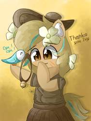 Size: 1000x1333 | Tagged: safe, artist:grithcourage, oc, oc:grith courage, bird, earth pony, pony, abstract background, adorable face, cute, floppy ears, flower, flower in hair, hat, signature, solo, text