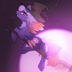 Size: 1389x1389 | Tagged: source needed, safe, artist:nyota71, oc, oc only, oc:ardent dusk, bat pony, pony, bat pony oc, broom, butt, colored wings, commission, flower, glasses, hat, looking at you, moon, moonlight, plot, smiling, solo, wings, witch, witch hat, ych result