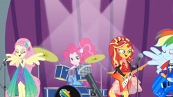 Size: 3410x1920 | Tagged: safe, screencap, fluttershy, pinkie pie, rainbow dash, sunset shimmer, equestria girls, equestria girls series, g4, rollercoaster of friendship, bass guitar, drums, eyes closed, female, high res, microphone, musical instrument, open mouth, photo booth (song), ponied up, sleeveless, smiling, super ponied up