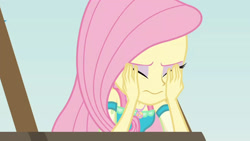 Size: 3410x1920 | Tagged: safe, screencap, fluttershy, equestria girls, equestria girls series, g4, rollercoaster of friendship, eyes closed, female, geode of fauna, hand on face, high res, jewelry, magical geodes, necklace, photo booth (song), solo