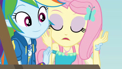 Size: 3410x1920 | Tagged: safe, screencap, fluttershy, rainbow dash, equestria girls, equestria girls specials, g4, my little pony equestria girls: better together, my little pony equestria girls: rollercoaster of friendship, clothes, cutie mark, cutie mark on clothes, eyes closed, female, geode of fauna, geode of super speed, hairpin, high res, hoodie, jewelry, magical geodes, necklace, open mouth, photo booth (song)