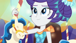 Size: 3410x1920 | Tagged: safe, screencap, rarity, equestria girls, equestria girls series, g4, rollercoaster of friendship, bare shoulders, carousel dress, female, high res, photo booth (song), sleeveless, smiling, solo