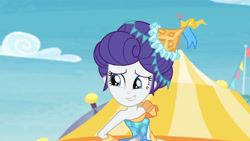 Size: 3410x1920 | Tagged: safe, screencap, rarity, equestria girls, equestria girls series, g4, rollercoaster of friendship, bare shoulders, carousel dress, female, hand on hip, high res, photo booth (song), sleeveless, smiling, solo