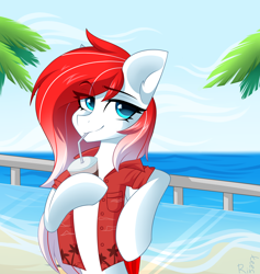 Size: 1800x1900 | Tagged: safe, artist:rinteen, oc, oc only, oc:making amends, pegasus, pony, beach, clothes, colored wings, commission, drink, drinking, drinking straw, palm tree, shirt, signature, solo, tree, two toned wings, wings, ych result