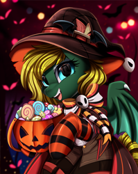 Size: 2550x3209 | Tagged: safe, artist:pridark, part of a set, oc, oc only, oc:midnight lightning, bat pony, pony, bat pony oc, bucket, candy, clothes, commission, costume, eyeshadow, female, food, halloween, hat, high res, holiday, jack-o-lantern, makeup, mare, open mouth, part of a series, pumpkin, pumpkin bucket, socks, solo, striped socks, witch hat, ych result
