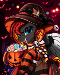 Size: 2550x3209 | Tagged: safe, artist:pridark, part of a set, oc, oc only, pegasus, pony, bucket, candy, clothes, commission, costume, female, food, halloween, hat, high res, holiday, jack-o-lantern, mare, open mouth, part of a series, pegasus oc, pumpkin, pumpkin bucket, socks, solo, striped socks, witch hat, ych result