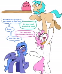 Size: 1767x2103 | Tagged: safe, artist:redxbacon, princess celestia, princess luna, oc, oc:princess vita, earth pony, pegasus, pony, unicorn, g4, bandana, carrying, cewestia, comic, cookie, cookie jar, ears back, female, filly, food, freckles, lifting, looking up, neckerchief, open mouth, open smile, partially open wings, pegasus luna, pink-mane celestia, race swap, raised hoof, royal sisters, shelf, siblings, simple background, sisters, smiling, speech, speech bubble, standing, standing on one leg, stealing, talking, text, trio, unicorn celestia, white background, wings, woona, worried, young celestia, young luna, younger