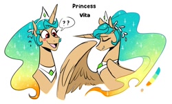 Size: 1072x648 | Tagged: safe, artist:redxbacon, oc, oc only, oc:princess vita, alicorn, pony, alicorn oc, blush sticker, blushing, color palette, crown, ethereal mane, eyes closed, female, gradient mane, horn, jewelry, mare, open mouth, peytral, question mark, red eyes, regalia, simple background, smiling, solo, sparkly mane, speech bubble, tiara, white background, wings