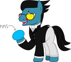 Size: 3208x2811 | Tagged: safe, artist:sketchmcreations, oc, oc:sketch mythos, earth pony, pony, alternate hairstyle, bowtie, clothes, cosplay, costume, deltarune, egg, glasses, high res, male, nightmare night, open mouth, pants, pipis, raised hoof, salesman, salespony, simple background, smiling, solo, spamton, stallion, suit, sunglasses, transparent background, vector