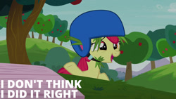 Size: 1280x720 | Tagged: safe, edit, edited screencap, editor:quoterific, screencap, apple bloom, earth pony, pony, g4, on your marks, season 6, apple, apple bloom's bow, bow, female, filly, food, hair bow, helmet, open mouth, solo, tree