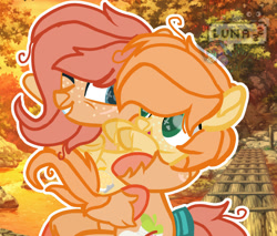 Size: 1280x1093 | Tagged: safe, artist:lunatheacefan22, oc, oc:honeycrisp, oc:sweet apple, earth pony, pegasus, pony, base used, big sister, brother and sister, colt, duo, female, freckles, holding a pony, male, mare, offspring, one eye closed, parent:big macintosh, parent:fluttershy, parents:fluttermac, siblings, wink