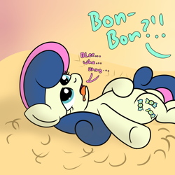 Size: 2000x2000 | Tagged: safe, artist:dafiltafish, bon bon, sweetie drops, earth pony, pony, comic:day by day, g4, beach, dialogue, drool, female, high res, hoof on belly, implied lyra, lidded eyes, lying down, mare, on back, open mouth, solo, tail, text, two toned mane, two toned tail, underhoof
