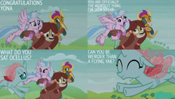 Size: 1280x720 | Tagged: safe, edit, edited screencap, editor:quoterific, screencap, ocellus, silverstream, smolder, yona, changeling, dragon, hippogriff, yak, g4, school daze, season 8, ^^, eyes closed, faic, female, flying, open mouth, smiling