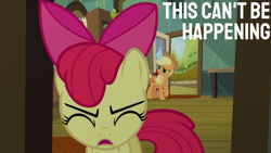 Size: 1280x720 | Tagged: safe, edit, edited screencap, editor:quoterific, screencap, apple bloom, applejack, earth pony, pony, brotherhooves social, g4, season 5, apple bloom's bow, applejack's hat, bow, cowboy hat, eyes closed, female, filly, hair bow, hat, mare, open mouth