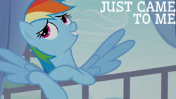 Size: 1280x720 | Tagged: safe, edit, edited screencap, editor:quoterific, screencap, rainbow dash, pegasus, pony, g4, season 3, spike at your service, female, grin, mare, smiling, solo, spread wings, wings