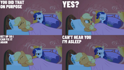 Size: 1280x720 | Tagged: safe, edit, edited screencap, editor:quoterific, screencap, applejack, rarity, earth pony, pony, unicorn, g4, look before you sleep, season 1, bed, blanket, eyes closed, female, golden oaks library, mare, night, open mouth