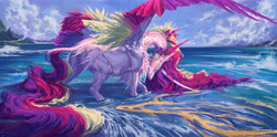 Size: 7049x3500 | Tagged: safe, artist:makkah, princess cadance, alicorn, pony, g4, absurd resolution, colored wings, detailed, eyes closed, female, hair physics, head down, horn, long horn, long mane, long tail, mane physics, mare, missing cutie mark, multicolored wings, solo, spread wings, tail, water, wings